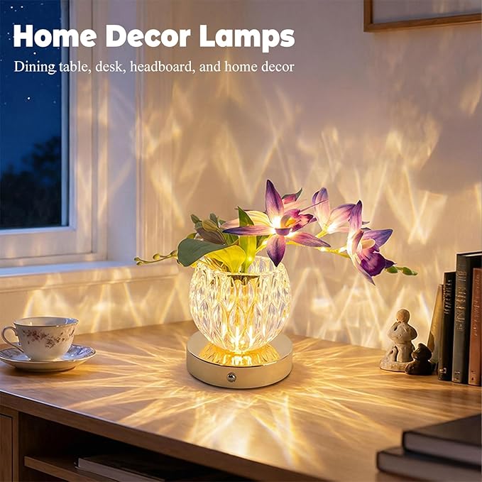 Flower Table Lamp, Orchid Flower with Crystal Vase Lamp, Cordless Touch Desk Light, 3 Colors Dimming & Rechargeable, Small Night Light for Bedroom Home, Romantic Gifts for Girl Women (Purple)