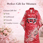 Kimonos for Women Japanese Style Satin Kimono Robe with Bow Belt Fan Hair Accessory and Tabi Socks