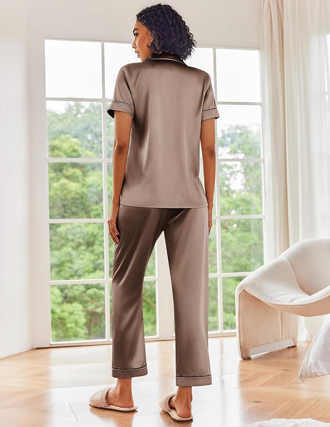 Ekouaer Silk Satin Pajamas Set Women Short Sleeve Sleepwear Soft Button Down Loungewear Pjs Set