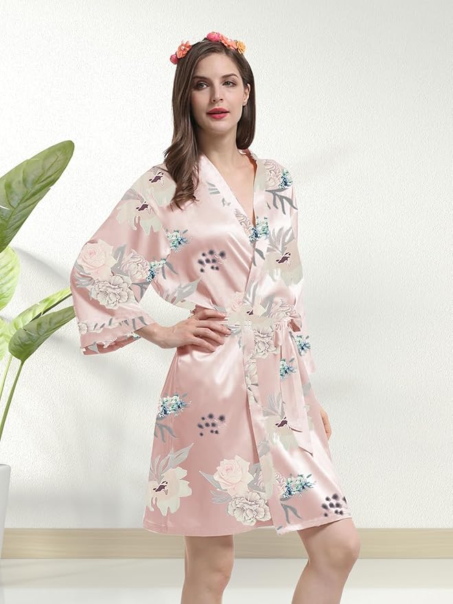 WJing Yi Jia Womens Satin Kimono Robe Silky Robes Floral Bathrobe Bride Bridesmaid Wedding Bridal Dressing Gown Loungewear