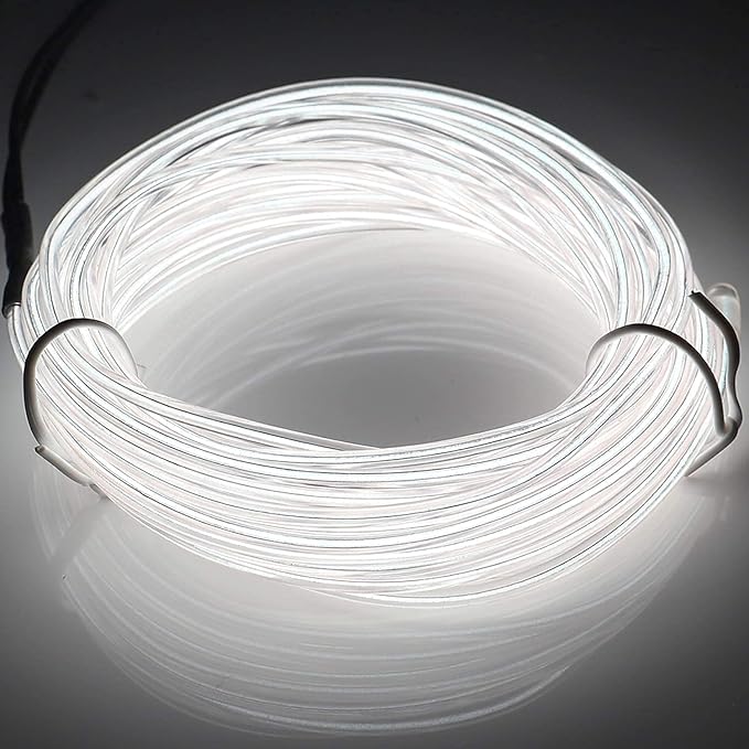 JIGUOOR USB Rechargeable EL Wire 32.8ft/10m (5mx2) Bright Neon Light Strip 360° Illumination Neon Tube Rope Lights for DIY, Festival, Party Decoration, Halloween, Chrismas (32.8ft/10M, White)