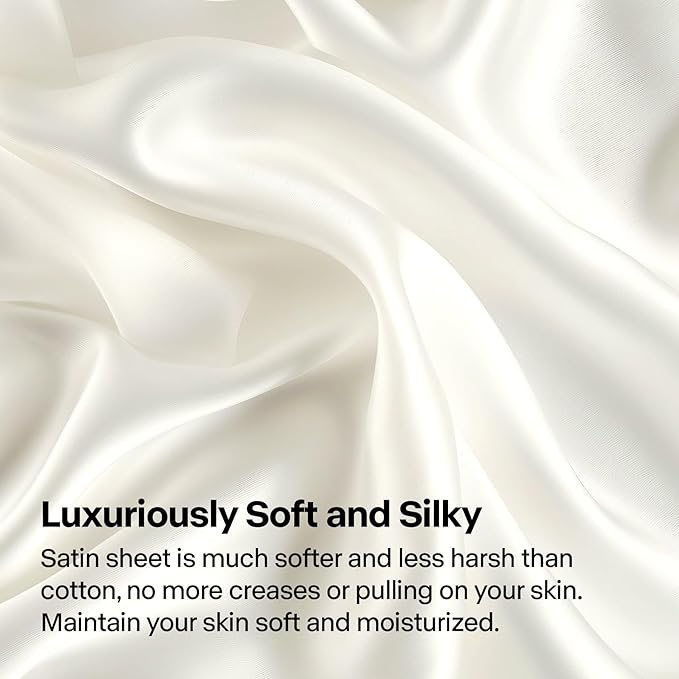BEDELITE Satin Sheets Queen Size Bed Set, Luxury Soft Ivory White Silky Sheets for Hair and Skin, Similar to Silk Bed Sheets Set 4 Pieces （1 Deep Pocket Fitted Sheet, 1 Flat Sheet, and 2 Pillowcases）