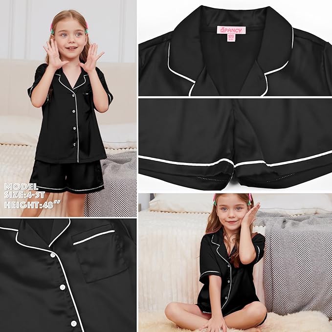 QPANCY Kids Satin Pajamas Sets Baby Boy Girl Button-Down Silk Sleepwear 2 Piece Short Sleeve Loungewear Clothes Set