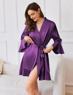 Ekouaer Women's Satin Robe Short Ruffle Hem Silky Robes Lightweight Kimono Brides Bathrobes Sleepwear XS-XXL