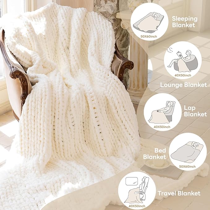 Chunky Knit Blanket - Luxury Soft Cozy 80 * 90 Throw Blanket,100% Woven Blanket Rope Knot Throw Blanket for Couch, Sofa, Home Decor, Gift - Machine Washable (Ivory White, 80 * 90)