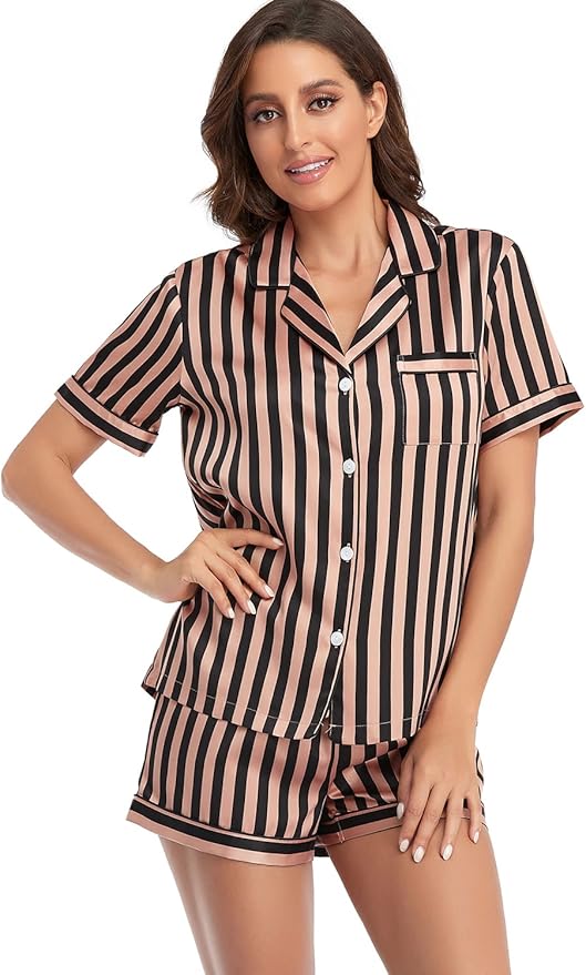 Serenedelicacy Women's Satin Pajama Set 2-Piece Sleepwear Loungewear Button Down Short Sleeve Silky PJ Set