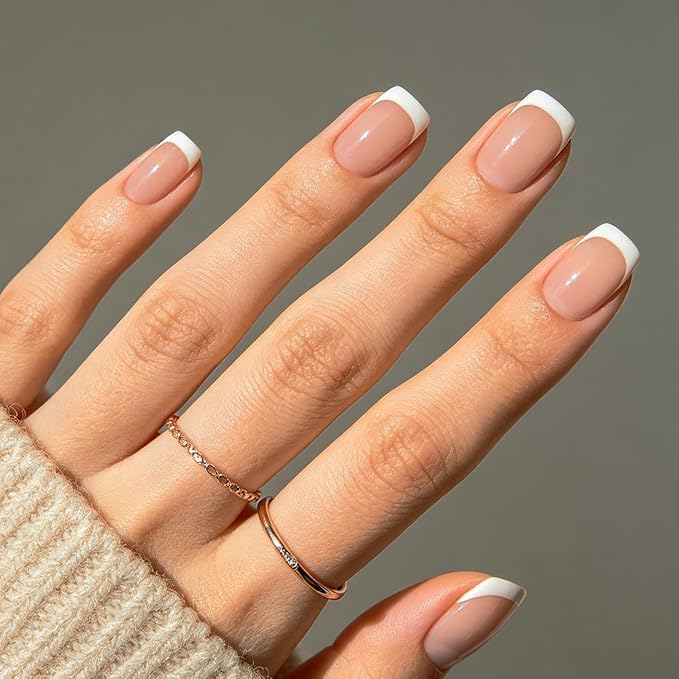 Modelones French Tips Press on Nails, White Short Square Fake Nails, Reusable Nail Kit with Nail Glue Adhesive Tabs Mini Nail File, Spring Nails Press Ons 32Pcs 16 Sizes, Women Girl Gift