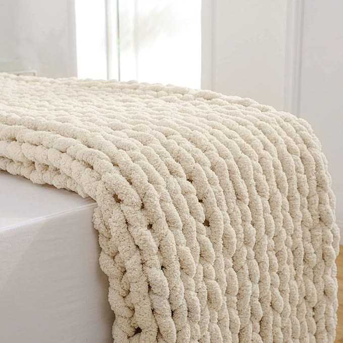 YAAPSU Chunky Knit Throw Blanket for Couch, 51"x63", 100% Hand Knitted Thick Cable Knit with Cozy Jumbo Chenille Yarn, Soft Large Rope Knot Crochet Blankets for Sofa Bed Living Room Décor, Beige