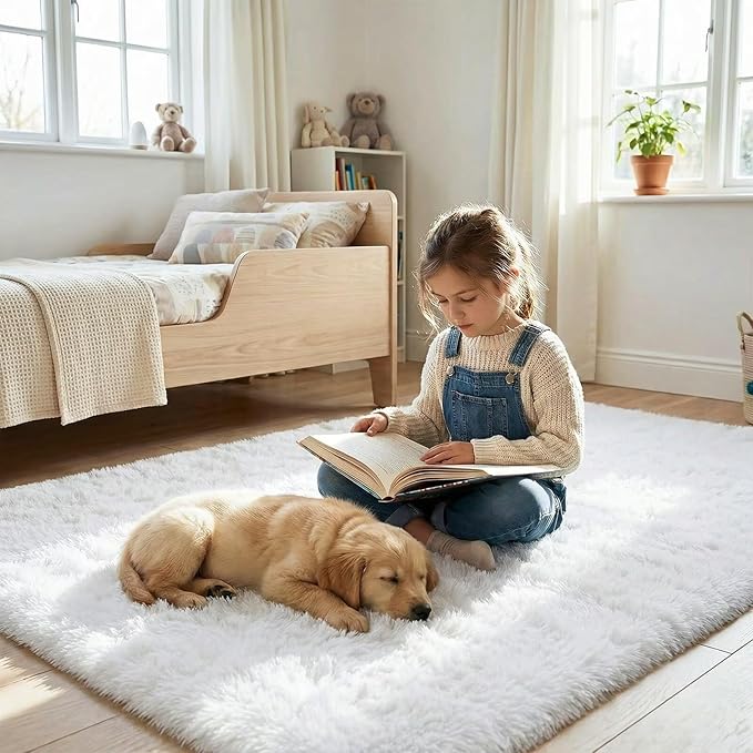 junovo Washable, Non-Slip Area Rug, Ultra Soft Area Rugs 3x5 Feet Fluffy Carpets for Bedroom Kids Girls Boys Baby Living Room Shaggy Floor Nursery Rug Home Bedroom Mats, White