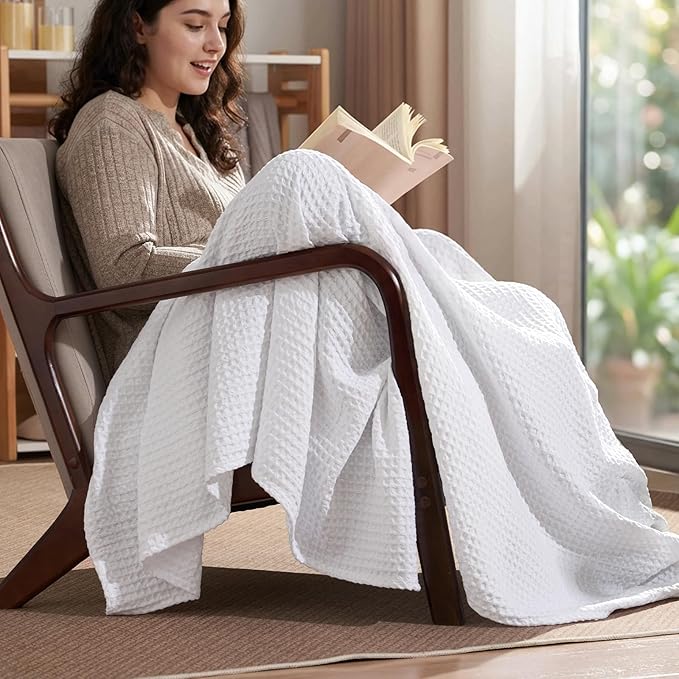 PHF Ultra Soft Waffle Weave Throw Blanket 50"x 60"- Washed Lightweight Breathable Cozy Woven Blanket for Bed - Aesthetic Decor for Couch Bedding Sofa Home Car - White