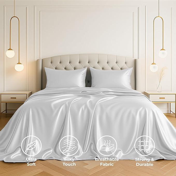 Pure Bedding Satin Sheets Twin [3-Piece, White] Hotel Luxury Silky Bed Sheets - Extra Soft 1800 Microfiber Sheet Set, Wrinkle, Fade, Deep Pocket Fitted Sheet, Flat Sheet, Pillow Cases