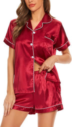 Women's Silk Pajama Set Short Sleeve Sleepwear Satin Button Down Pj Tops and Shorts 2 Piece Loungewear