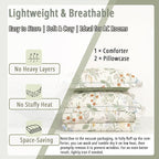 ALEISSEL Natural Cotton 3pcs Botanical Comforter Sets King Size-Green Comforter with Red & Blue Flowers,Gray Leaves on Off-White, Reversible Lightweight Bedding Sets(King 104"×90")