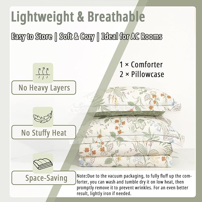 ALEISSEL Natural Cotton 3pcs Botanical Comforter Sets Queen Size-Green Comforter with Red & Blue Flowers,Gray Leaves on Off-White, Reversible Lightweight Bedding Sets(Full/Queen)