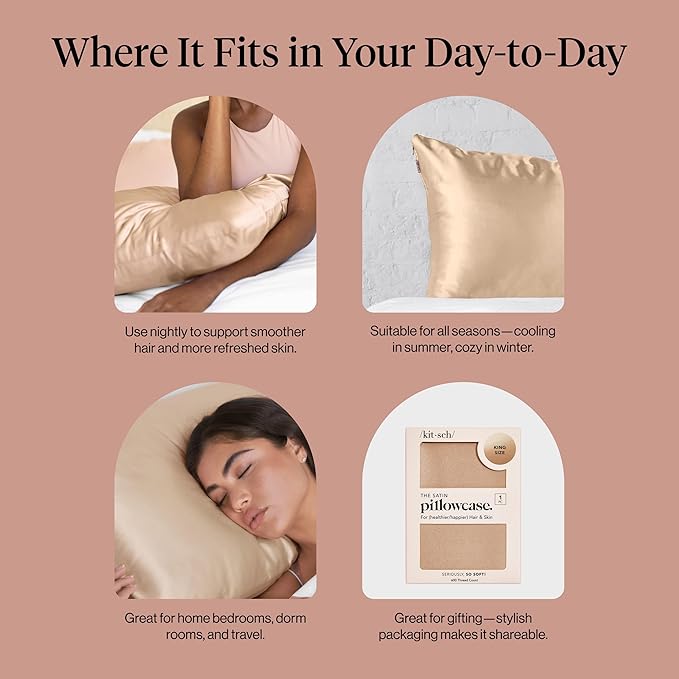 Kitsch Satin Pillowcase with Zipper for Hair & Skin - Softer Than Silk Pillow Cases, Smooth Cooling Satin Pillow Case, Wrinkle-Free, Machine Washable - King Size Satin Pillow Case 19x36 - Champagne