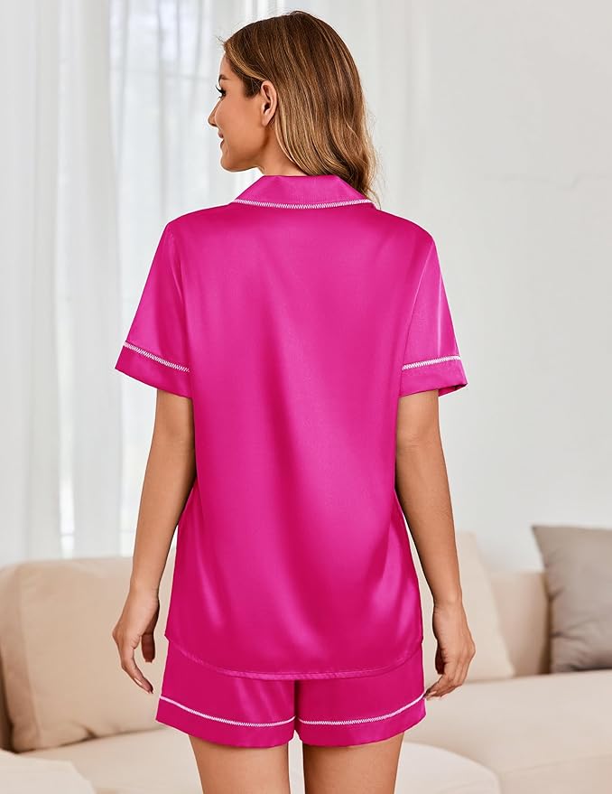 Ekouaer Womens Satin Silk Pajamas Set Short Sleeve Sleepwear Button Down Top and Shorts Loungewear 2 Piece Pjs Set S-XXL