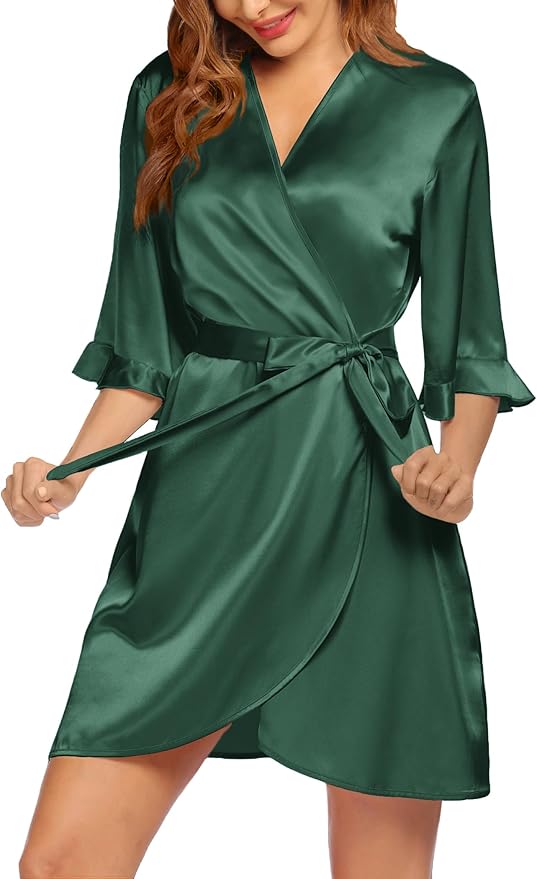 Ekouaer Women's Satin Robe Valentines Lingerie for Women Kimono Bathrobe Short Ruffle Belted Robes Bridesmaids Sleepwear