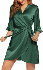Ekouaer Women's Satin Robe Valentines Lingerie for Women Kimono Bathrobe Short Ruffle Belted Robes Bridesmaids Sleepwear