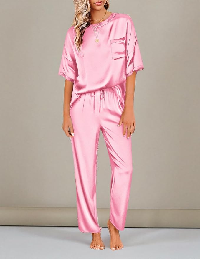 Ekouaer Womens Satin Silky Pajama Set Short Sleeve Shirt with Long Pajama Pant Set Soft PJ Loungewear