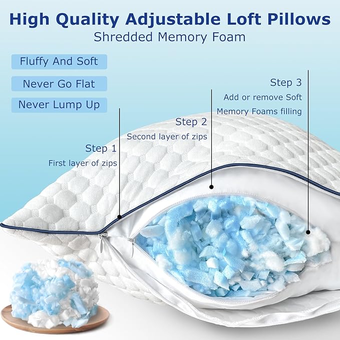 Cooling Standard Pillows Set of 2, Shredded Memory Foam Pillows Standard Size, Adjustable Firm Bed Pillows for Side Back Stomach Sleepers, Standard Pillow for Sleeping with Zip Washable Cover