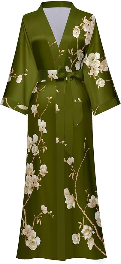 Kihnop Women's Floral Long Kimono Robe Long Satin Robe Long Silk Robe Ladies Kimonos Silky Bathrobe Cover Up, One Size