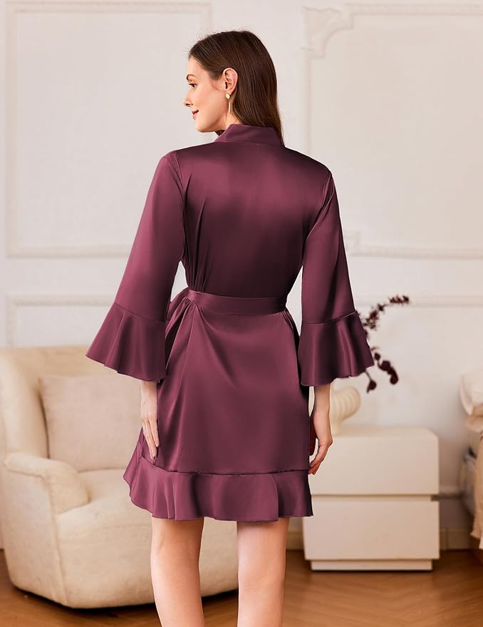 Ekouaer Women's Satin Robe Short Ruffle Hem Silky Robes Lightweight Kimono Brides Bathrobes Sleepwear XS-XXL