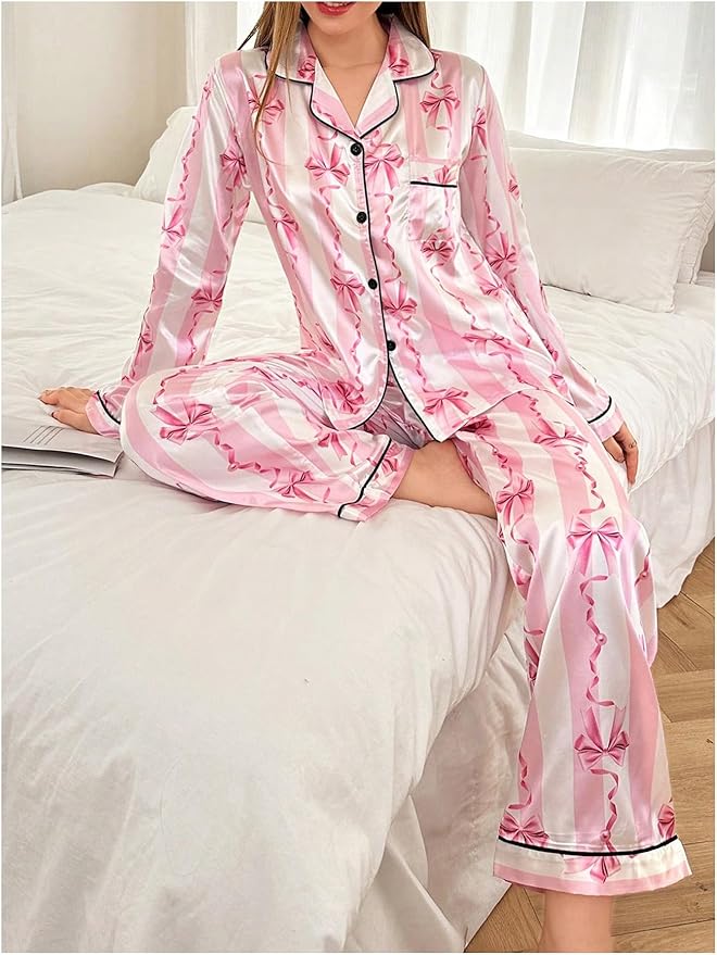 WDIRARA Women's 2 Piece Bowknot Print Satin Pajama Set Long Sleeve Button Down Lounge Pants Sleepwear Sets