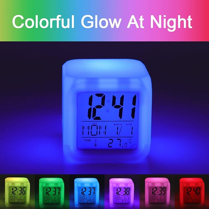 Pretty Peach Pattern Alarm Clock with 7 Color Changing Night Light Loud Digital Alarm Clock for Heavy Sleeper Electric Desk Clocks with Temperature Display Wake Up Digital Clocks