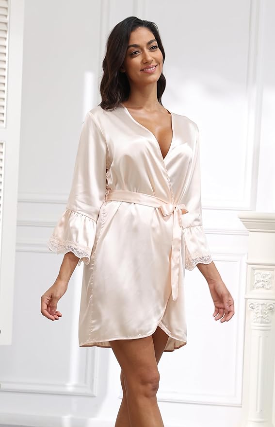 Lace Trim Satin Robes for Women Bride Bridesmaid Silky Kimono Robe Valentines Lingerie with Bell Sleeves