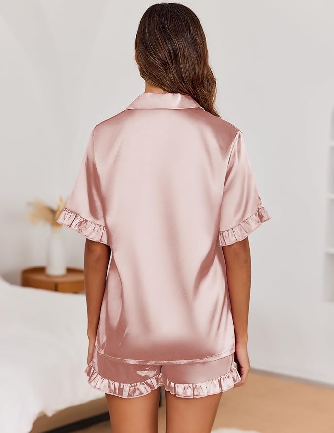 Ekouaer Satin Pajama Set for Women Button Down Silk 2 Piece Pj Sets Ruffle Short Sleeve Sleepwear