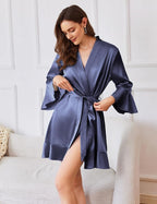 Ekouaer Women's Satin Robe Short Ruffle Hem Silky Robes Lightweight Kimono Brides Bathrobes Sleepwear XS-XXL