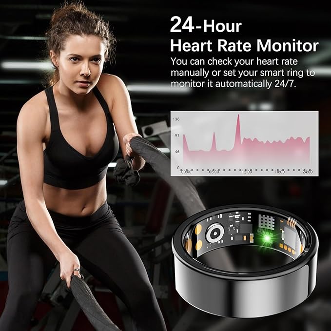 Ring Health Tracker for Women Men, Fit Ring with Heart Rate, Blood Oxygen, Sleep Monitor, Calories, Step Counter, IP68 Waterproof Smart Ring for iPhone & Android, No Subscription Fee (Black, 6#)