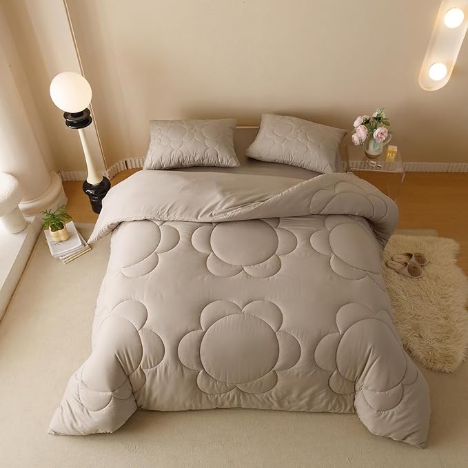 Luxlovery Mocha Sunflower Comforter Set Queen Beige Khaki Bedding Set Queen Size Boho Farmhouse Blanket Quilts Floral Elegant Soft Breathable Bedding Comforter Set