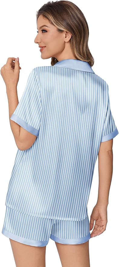 Ekouaer Womens Silk Satin Pajamas Set Animals Print Pjs Button Down Short Sleeve Lounge Set 2 Piece Sleepwear