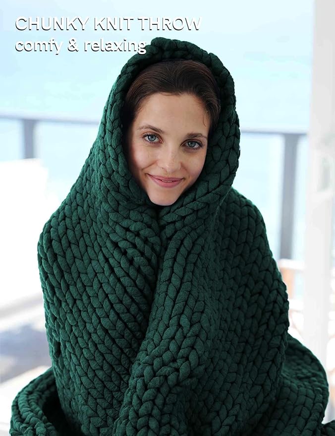 YnM Chunky Throw Blanket, Medium-Weight, Hand Knitted, Skin Friendly, Ventilated and Breathable, Machine Washable, Home Décor Piece for Couch, Sofa and Bed (Pacific Green, 50x70 Inch)