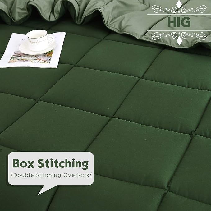 HIG 3pc Green Comforter Set Full SizeDuvet Insert, Reversible, All Season, Box Stitched, with Corner Tabs, Soft, Fluffy