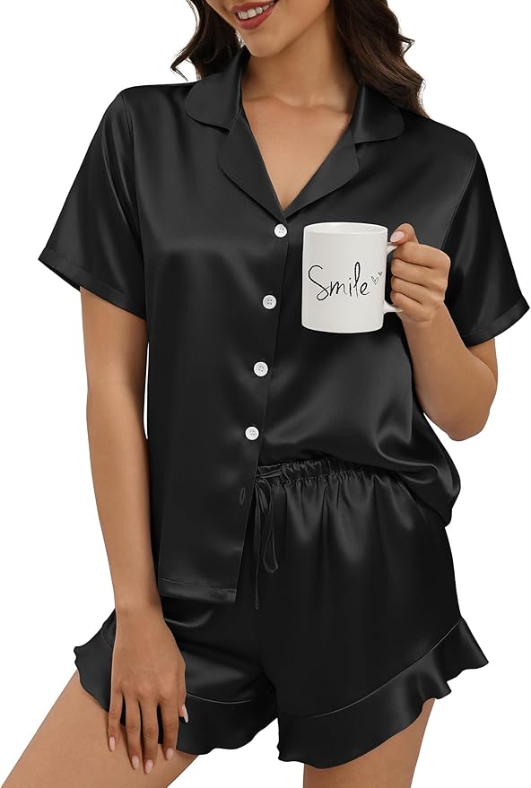 Silk Pajamas for Women Button Down 2 Piece Satin Pjs Shorts Set Ruffle Notch Collar Sleepwear Loungewear