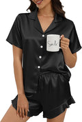 Silk Pajamas for Women Button Down 2 Piece Satin Pjs Shorts Set Ruffle Notch Collar Sleepwear Loungewear