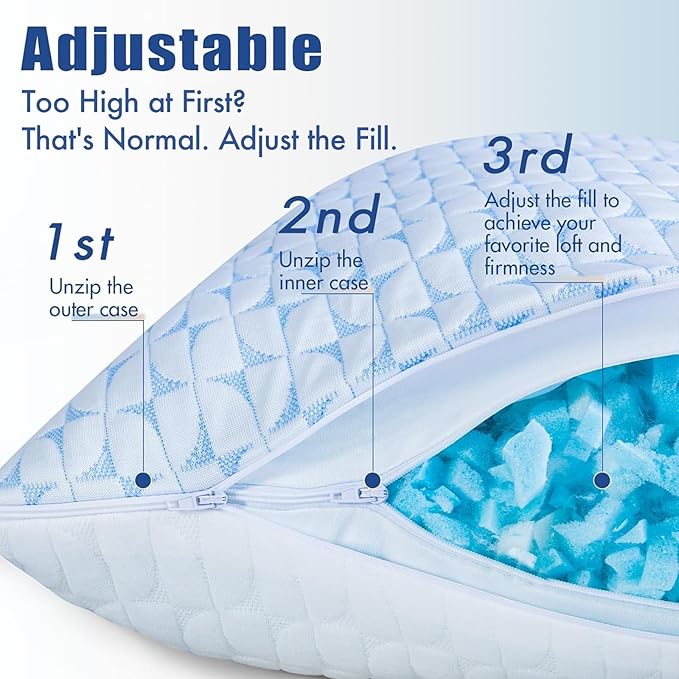 QUTOOL Firm Pillow Shredded Memory Foam, Cooling Pillow for Hot Sleeper, Adjustable Bed Pillow for Side Back Stomach Sleepers, Washable Cover, CertiPUR-US Certified, Standard Size Set of 2