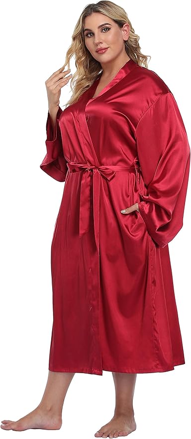 Women's Plus Size Satin Kimono Robes Long Silky Bathrobe Lightweight Sleepwear Wedding Dressing Gown