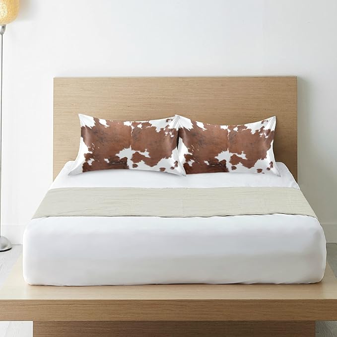 Farm Animal Cow Brown Cowhide Print Satin Pillowcase for Hair and Skin, Cow Skin Pattern Silk Pillow Case with Envelope Closure, Standard Size 20x26 inches, 1 PC