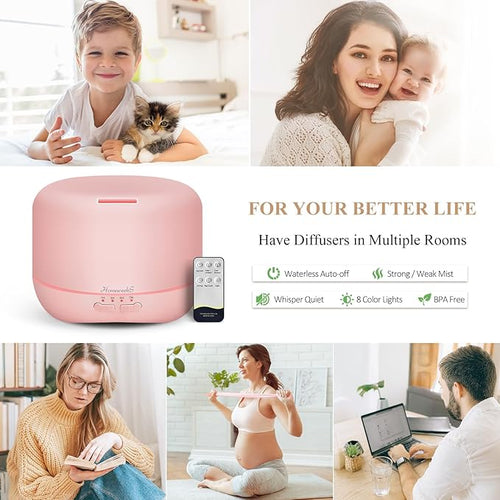 Aromatherapy Essential Oil Diffuser for Room: 500ml Colorful Aroma Air Humidifier with Adjustable Cool Mist Mode, Waterless Auto Off Ultrasonic Diffusers for Large Room Home Office(Pink)