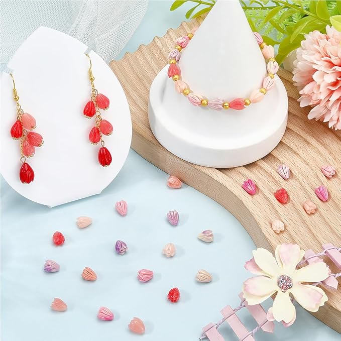 4 Colors 80Pcs 7x9mm Acrylic Flower Beads Artificial Flower Beads Bulk Loose Plastic Jasmine Coral Colorful Floral Spacer for Jewelry Making Findings Necklace Bracelet DIY Crafts Beginner