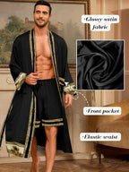 ChiaoLezhee Men's Luxury Silky Robe & Shorts Set, 2PC Lightweight Satin Pajamas with Pockets, Opulent Baroque Kimono Gifts