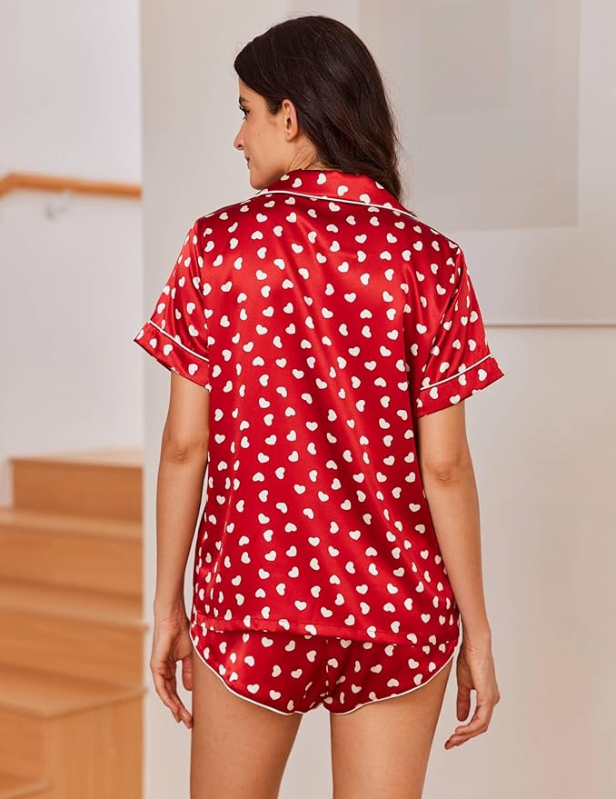 Ekouaer Womens Silk Satin Pajama Sets 2 Piece Button Down Silk Pjs Shorts Sets Cute Print Short Sleeve Sleepwear S-4XL
