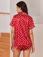 Ekouaer Womens Silk Satin Pajama Sets 2 Piece Button Down Silk Pjs Shorts Sets Cute Print Short Sleeve Sleepwear S-4XL