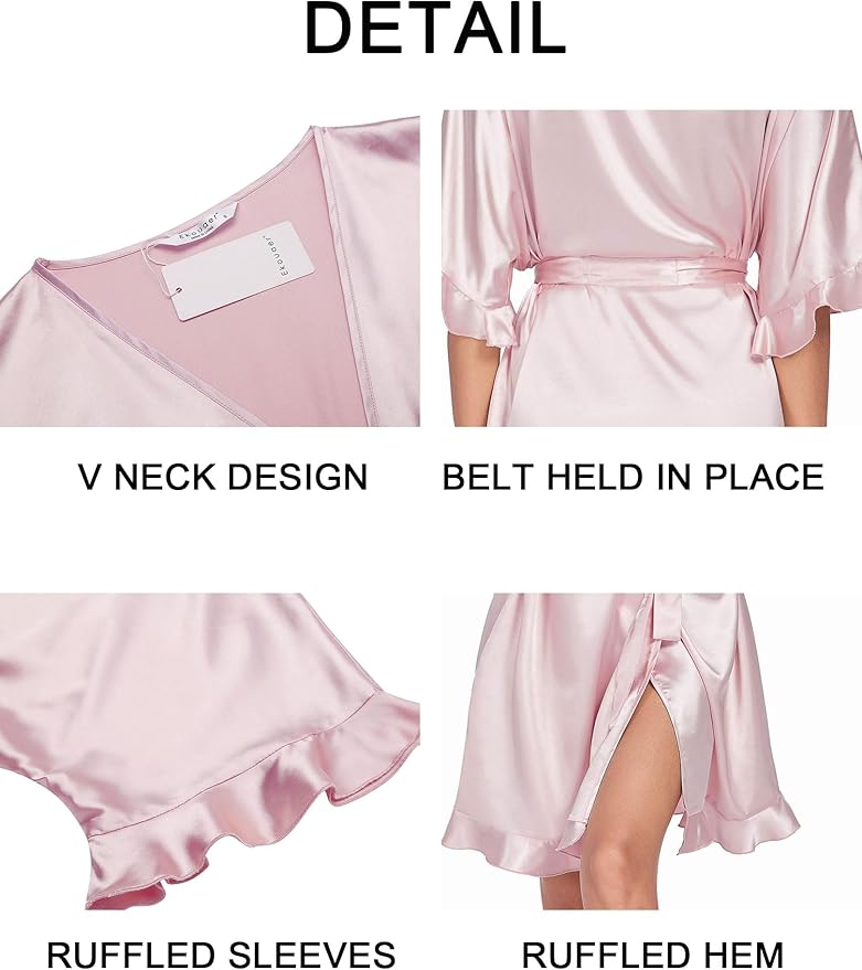 Ekouaer Womens Silk Ruffle Robe Short Satin Kimono Robe Half Sleeve Bathrobe Bridesmaid Wedding Party Dressing Gown