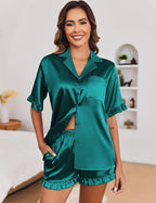 Ekouaer Satin Pajama Set for Women Button Down Silk 2 Piece Pj Sets Ruffle Short Sleeve Sleepwear