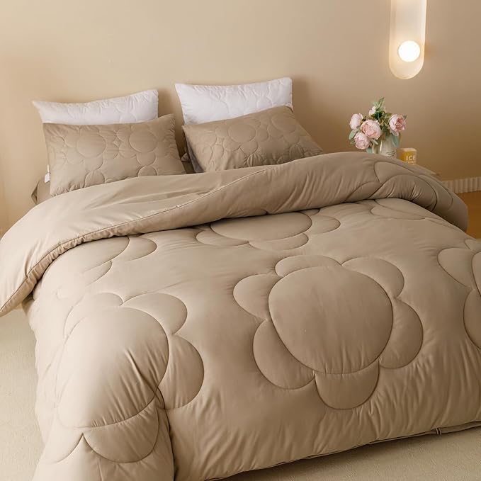 Luxlovery Cream Coffee Comforter Set Full Khaki Sunflower Bedding Comforter Mocha Coffee Bedding Comforter Set Floral Boho Farmhouse Quilted Soft Breathable Bedding Set Full Size