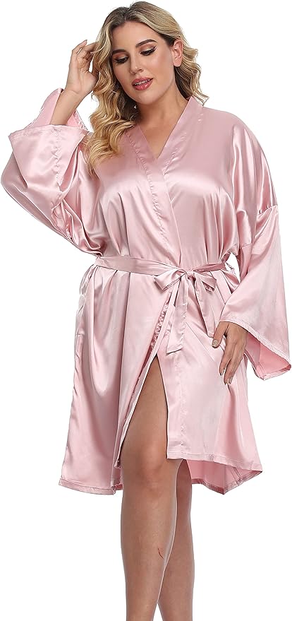 Women's Plus Size Short Silky Bathrobes Satin Kimono Robes Bride Bridesmaid Loungewear Soft Nightgown